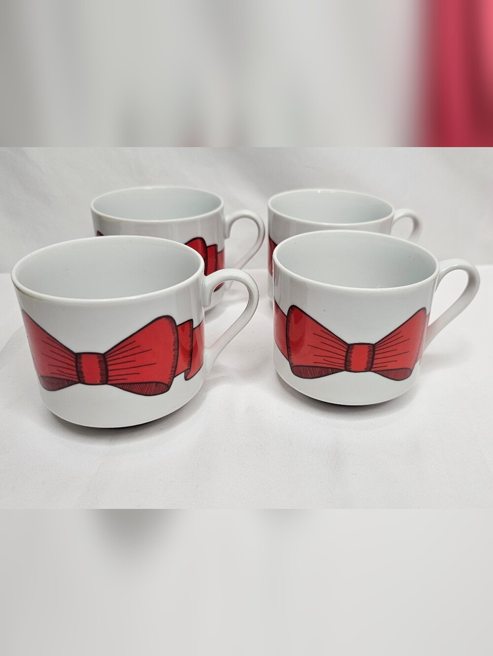 ​4 Vintage 1976 Fitz & Floyd Holly Wreath Coffee Mugs Red Bow Christmas MCM